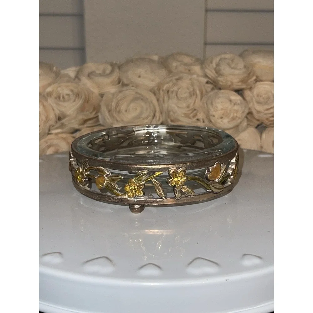 Vintage Clear Glass Ashtray With Gold‎ Tone Floral Ornate Footed Stand Holder